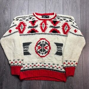 Vintage Sears Aztec 1980s Hand Knit Sweater Cream Red Medium Baggy